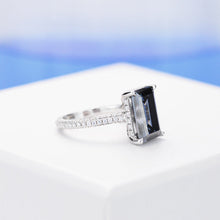 Load image into Gallery viewer, 4ct Emerald Cut Dark Gray-Blue Moissanite Engagement Ring, 4 Carat Emerald Cut 11x7mm Moissanite Engagement Ring, Hidden Halo Ring
