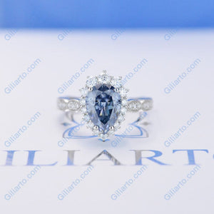 14K White Gold 1.5 Carat Pear Blue  Moissanite Halo Engagement Ring