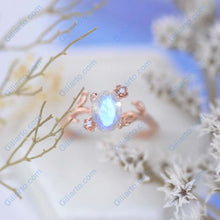 Load image into Gallery viewer, Rose Gold Dainty Natural Moonstone Leaf Ring, 2ct Oval Moonstone Twig Ring, Rose Gold Ring Unique Curved Vintage Floral Ring
