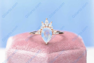 2ct Pear Cut Moonstone Ring, Rose Gold Ring Unique Curved Marquise Cut Ring