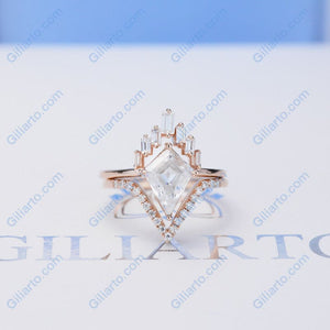 14K Rose Gold 3 Carat Kite Moissanite Halo Engagement Ring, Eternity Ring Set