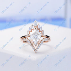 14K Rose Gold 3 Carat Kite Moissanite Halo Engagement Ring, Eternity Ring Set
