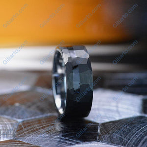 Black Hammered Brushed Tungsten Carbide Ring with Black Enamel Strip