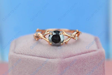 1.5ct Round Cut Dark Gray Blue Moissanite Floral Ring. Twig Ring Design