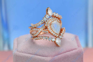 Luxury Natural Moonstone Ring Set, 2ct Pear Cut Moonstone Ring Set, Rose Gold Ring Unique Curved Marquise Cut Ring