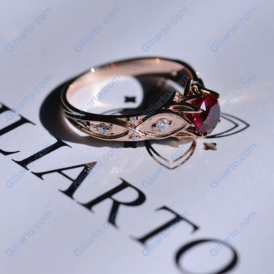Celtic Ruby Round Center Stone Engagement 14K Rose Gold Ring Wedding Ring