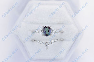 Rhodium Plated Silver Dainty Alexandrite Ring Set, 1ct Oval Cut Alexandrite Ring Set, Silver Ring Unique Curved Marquise Cut Ring Set