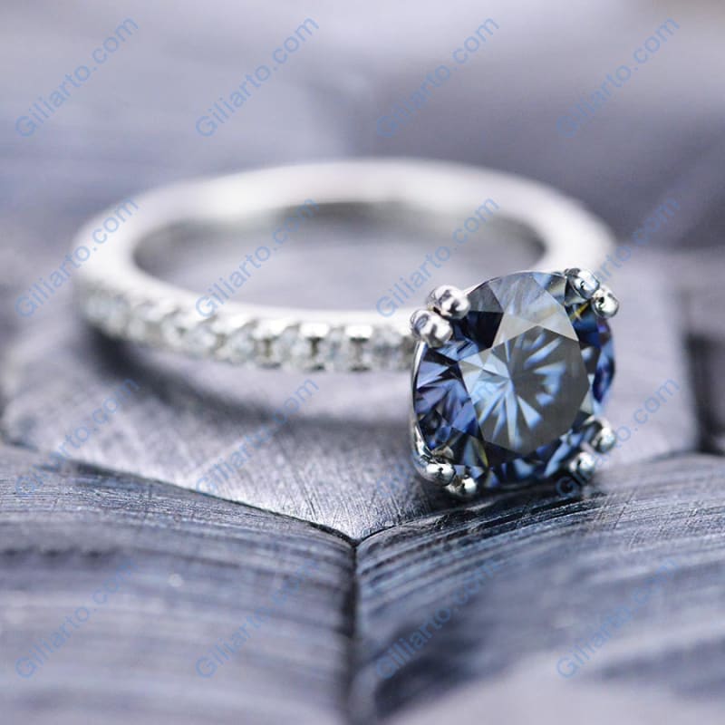 2 Carat Dark Gray Grey Blue  Moissanite Stone with Accent Stones 14K White Gold Ring