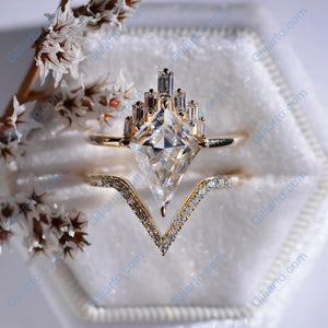 14K Rose Gold 4 Carat Kite Moissanite Halo Engagement Ring, Eternity Ring Set