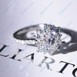 2 Carat Round Moissanite Snowflake Halo Engagement Ring. Victorian 14K White Gold Ring