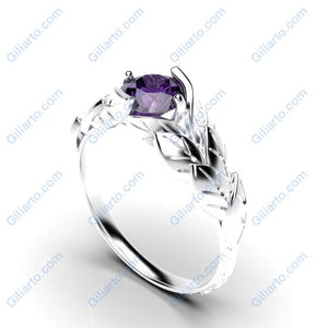 14K White Gold amethyst leaf and Diamond engagement ring