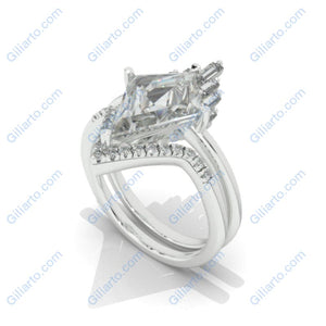 14K White Gold 3 Carat Kite Moissanite Halo Engagement Ring, Eternity Ring Set
