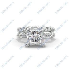 2 Carat Princess Cut Giliarto Moissanite Diamond White Gold Floral Engagement Ring Set