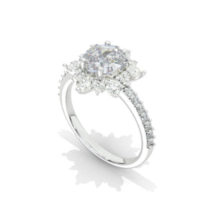 2 Carat Hexagon Moissanite Snowflake Halo Engagement Ring. Victorian 14K White Gold Ring