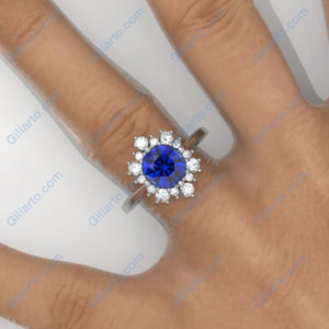 Sapphire Snowflake Moissanite Ring/2.0ct Round Cut Sapphire Moissanite Halo Ring