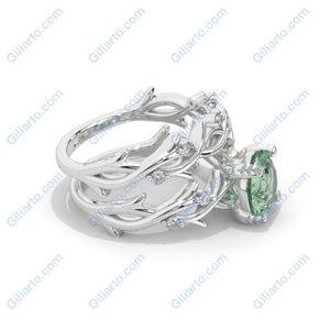 2 Carat Genuine Moss Agate Twig Floral White Gold Engagement  Ring Set