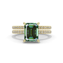 Load image into Gallery viewer, 3Ct Green Moissanite Engagement Ring, Emerald Step Cut Green Moissanite Engagement Ring, Moissanite Pave Accents Stones Hidden Halo with Eternity Ring Set
