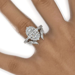 3 Carat Oval Moissanite Halo Engagement Ring Eternity Ring Set
