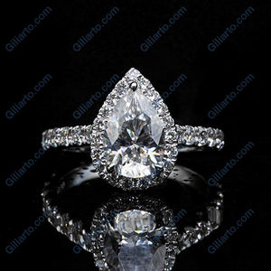 14K Solid White Gold 3 Carat Halo Pear Cut Moissanite Ring