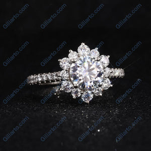 2 Carat Round Moissanite Snowflake Halo Engagement Ring. Victorian 14K White Gold Ring