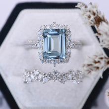 Load image into Gallery viewer, 3Ct Natural Aquamarine Engagement Ring. Halo Emerald Cut Genuine Aquamarine Engagement Ring, 9x7mm Step Cut Aquamarine Engagement Ring with Eternity Band
