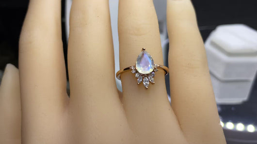 2ct Pear Cut Moonstone Ring, Rose Gold Ring Unique Curved Marquise Cut Ring