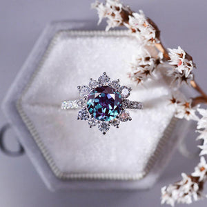 2 Carat Round Alexandrite Snowflake Halo Engagement Ring. Victorian 14K White Gold Ring