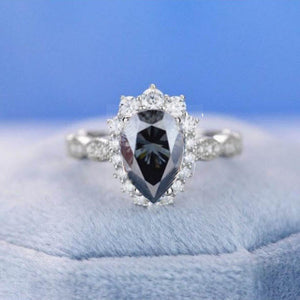 4 Carat Pear Cut Dark Gray-Blue Moissanite Halo 14K White Gold Engagement Ring