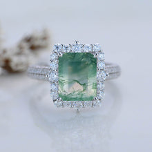 Load image into Gallery viewer, 4Ct natural Moss Agate Engagement Ring Halo Emerald Step Cut Engagement Ring
