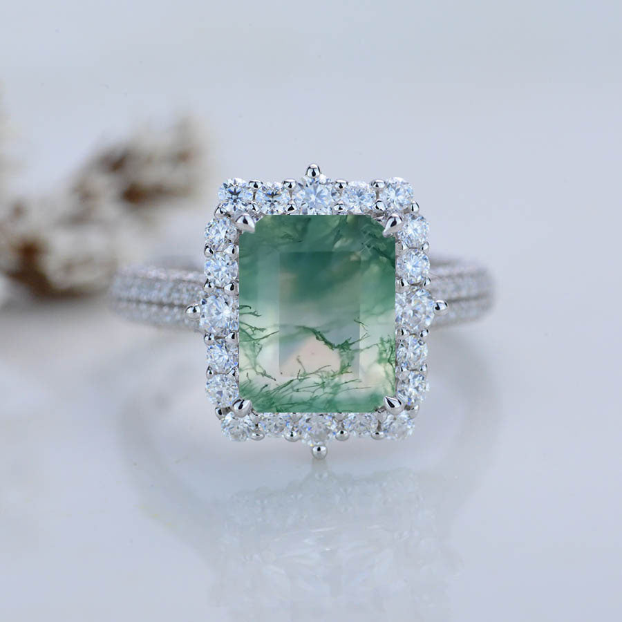4Ct natural Moss Agate Engagement Ring Halo Emerald Step Cut Engagement Ring