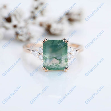 3 Ct Emerald Step Cut Green Moss Agate Vintage Engagement Ring,  Marquise Side Accents Stones 14K Rose Gold Ring