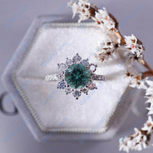 Load image into Gallery viewer, 2 Carat Round Teal Sapphire Snowflake Halo Engagement Ring. Victorian 14K White Gold Ring

