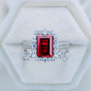 3Ct Ruby Engagement Ring Halo Emerald Cut Ruby Engagement Ring, 9x7mm Step Cut Ruby Engagement Ring with Eternity Band