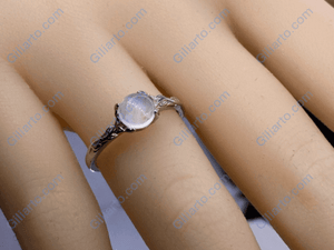 Silver Dainty Natural Moonstone Ring.  Round Moonstone Floral Ring
