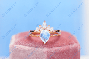 Rose Gold Plated Silver Dainty Natural Moonstone Ring Set, 2ct Pear Cut Moonstone Ring Set, Rose Gold Ring Unique Curved Marquise Cut Ring