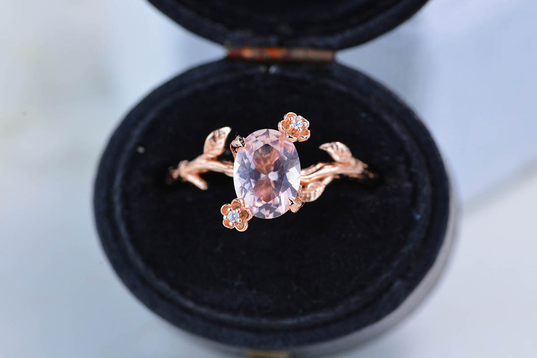 Dainty Peach Morganite Leaf Ring,  Oval Cut Twig Morganite Ring, Rose Gold Ring Unique Curved Floral Ring