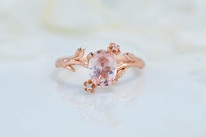 Dainty Peach Morganite Leaf Ring,  Oval Cut Twig Morganite Ring, Rose Gold Ring Unique Curved Floral Ring