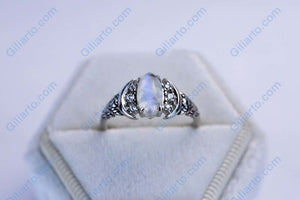 Marquise Moon Cut Natural Moonstone Ring, Silver Ring Unique Curved Moon Ring