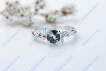 Load image into Gallery viewer, Natural Moss Agate Ring, Round Cut Moss Agate Vintage Ring Set, White Gold Ring Unique Curved Twig  Ring
