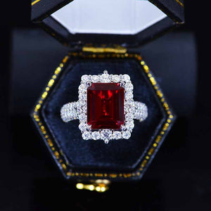 4Ct Ruby Engagement Ring Halo Emerald Cut Ruby Engagement Ring, 10x8mm Step Cut Ruby Engagement Ring with Eternity Band