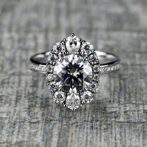 14K White Gold 2 Carat Round Gray Moissanite Halo Engagement Ring