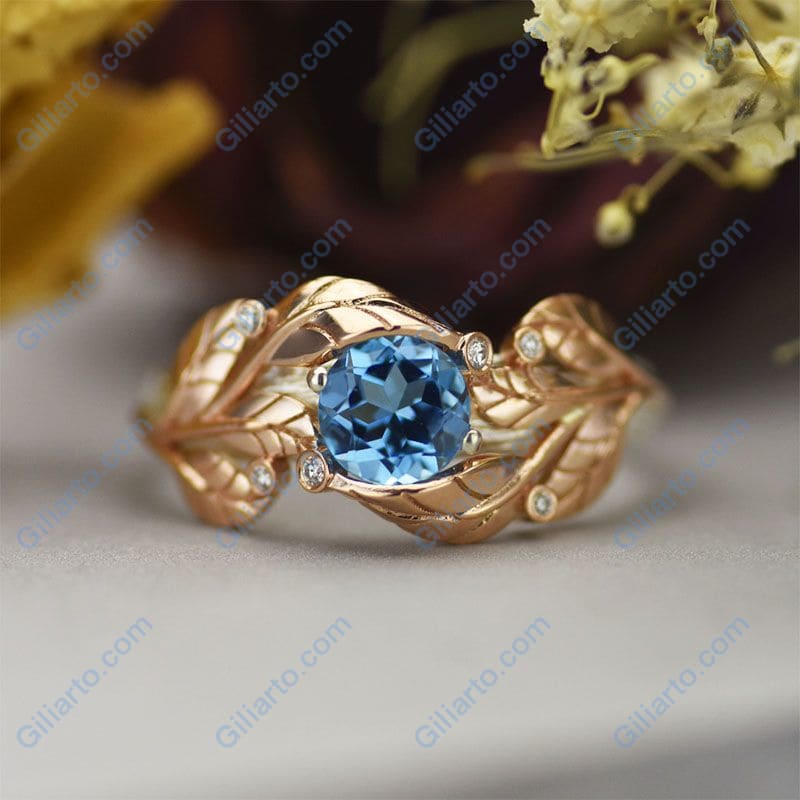 1.0 Carat Aquamarine Diamond Engagement Ring 14K Rose and White Gold