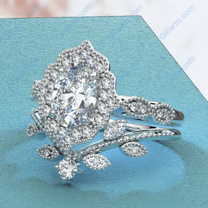 14K White Gold 1.9 Carat Oval Moissanite Halo Engagement Ring Eternity Ring Set