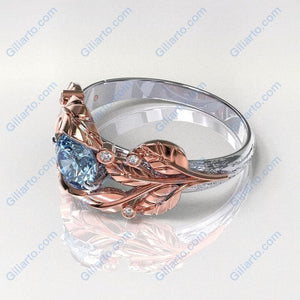 1.0 Carat Blue Aquamarine and Diamond Accents 14K Rose White Gold Engagement Leaf Ring, Leaves Wedding