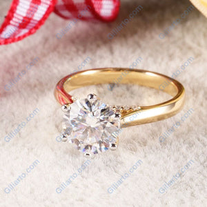 14K Solid Two Tone Gold 1CT Round Moissanite Solitaire Six Prongs Ring Moissanite Hidden Halo Engagement Ring Anniversary Promise Gold Ring