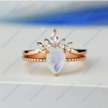 Load image into Gallery viewer, 14K Solid Rose Gold Dainty Natural Moonstone Ring Set, 2ct Pear Cut Moonstone Ring Set, Rose Gold Ring Unique Curved Marquise Cut Ring
