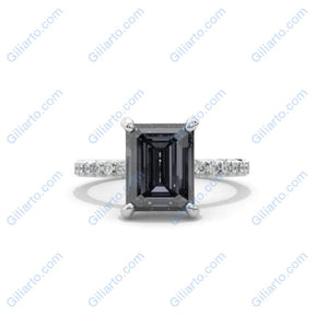 4 Carat Dark Grey -Blue, Gray Moissanite 14K White Gold Engagement. 4ct Emerald Cut Moissanite Hidden Halo Designer Ring