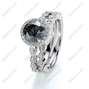 1 Carat Dark Grey-Blue Gray Moissanite Halo 14K White Gold Engagement. Eternity Ring Set of Two Rings Moissanite Victorian Ring Design