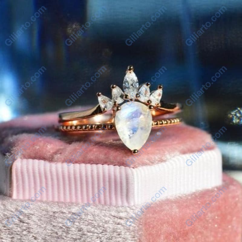 14K Solid Rose Gold Dainty Natural Moonstone Ring Set, 2ct Pear Cut Moonstone Ring Set, Rose Gold Ring Unique Curved Marquise Cut Ring
