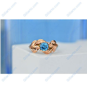 1.0 Carat Blue Aquamarine and Diamond Accents 14K Rose White Gold Engagement Leaf Ring, Leaves Wedding